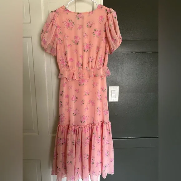 LoveShackFancy Pink Floral Puff Sleeve Chiffon Tiered Ruffle Midi Dress Size 6 - Picture 5 of 9